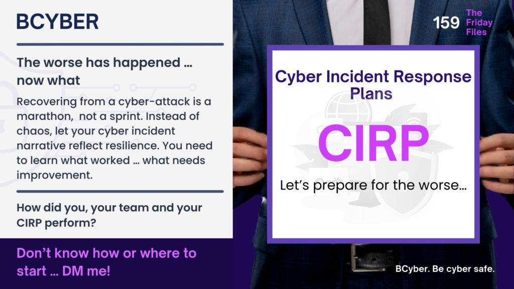 Visual highlighting post-cyberattack response with text encouraging reflection and improvement through a Cyber Incident Response Plan (CIRP), with a suited professional in the background.