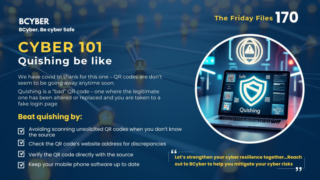 Infographic about “Quishing” – malicious QR codes redirecting to fake sites, with laptop displaying QR security warnings.