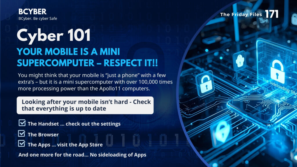 Infographic showing mobile security with lock icons, stressing updates and safe app usage.