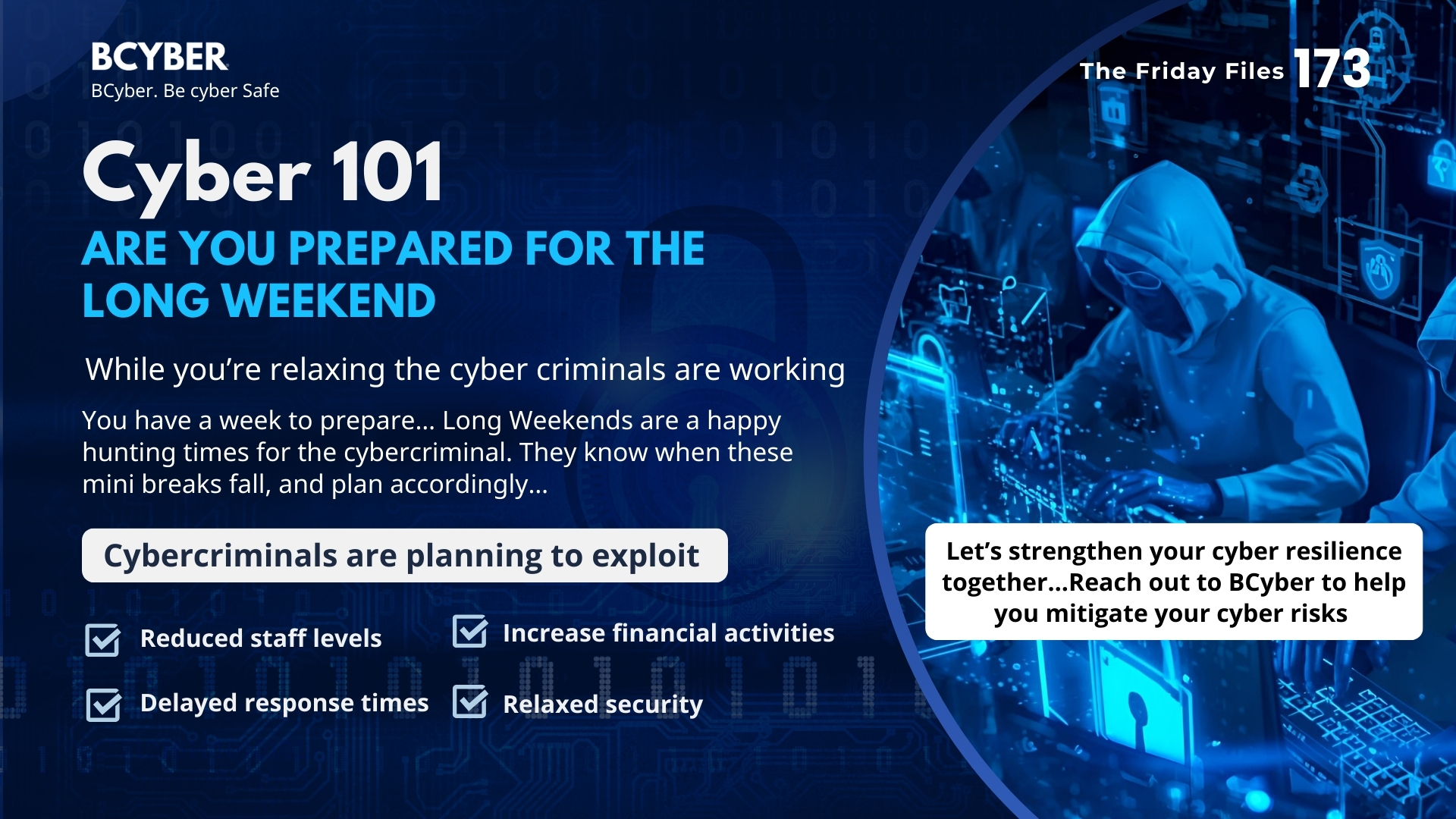 An image showing a hacker in a hoodie working on a computer surrounded by digital locks and binary code, with text warning about increased cyber threats during long weekends and encouraging businesses to prepare with BCyber.