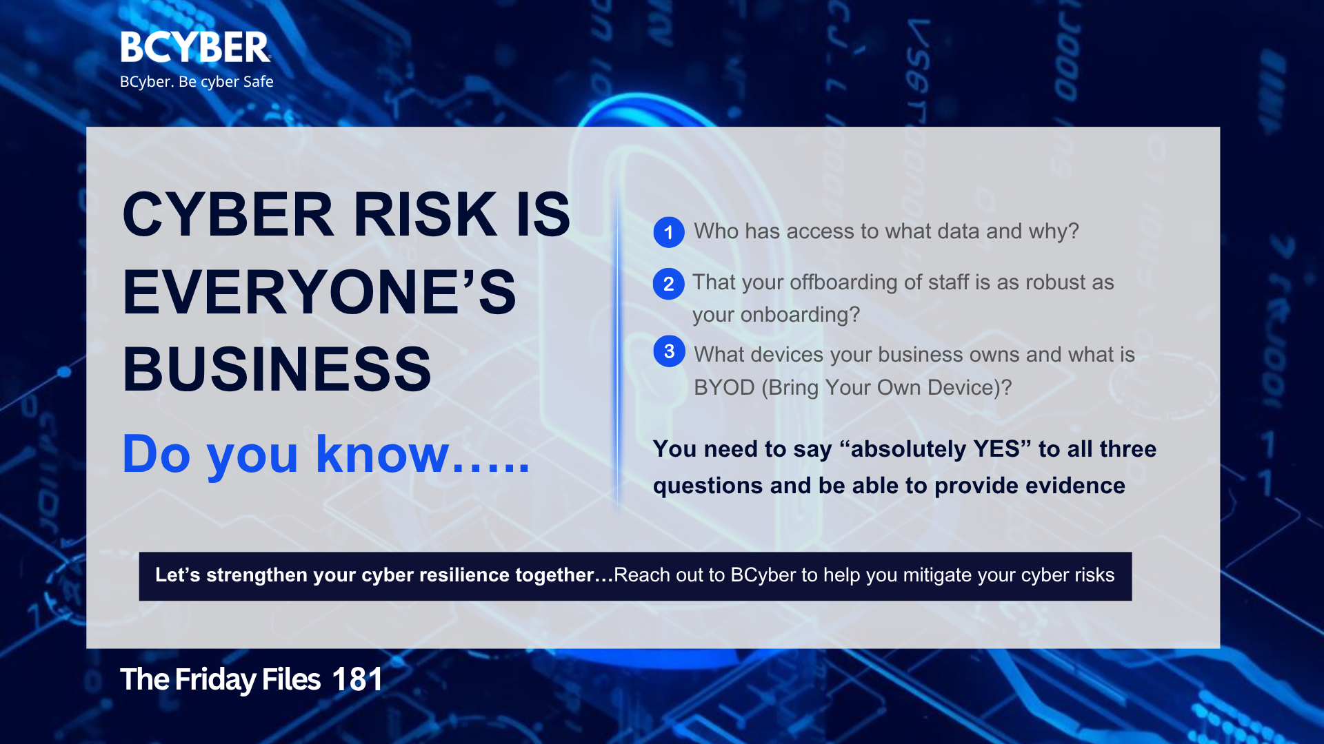 A cybersecurity awareness graphic by BCyber with the headline “Cyber Risk Is Everyone’s Business.”