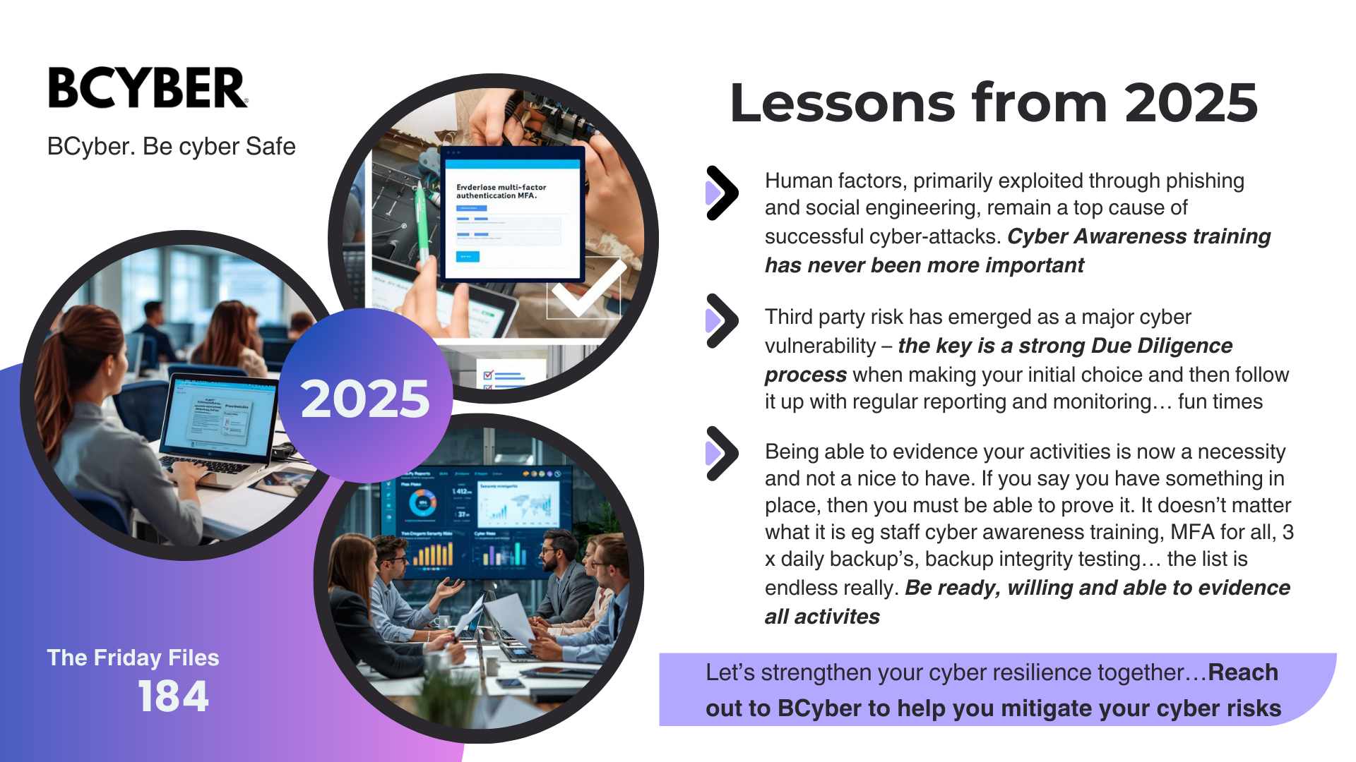 A cybersecurity-themed infographic titled “Lessons from 2025,” showing people working on laptops, dashboards, and MFA screens. Key points highlight human-factor risks, third-party risk management, and the importance of evidencing cybersecurity activities. Includes BCYBER branding and a purple-blue gradient design